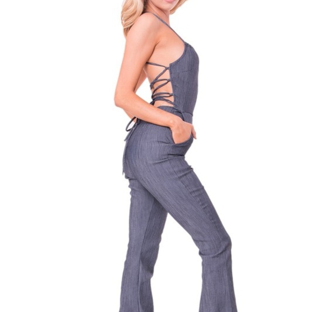 Sale.. Wide Leg Open Back Denim Jumpsuit - Picture 1 of 7